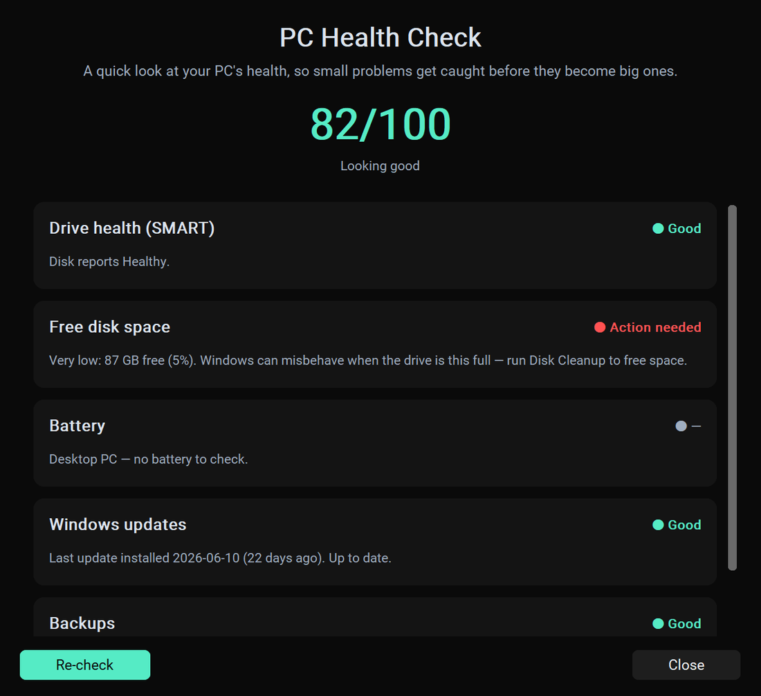 Rightek Rescue PC Health Check scoring a PC 82 out of 100 and flagging low disk space as Action needed